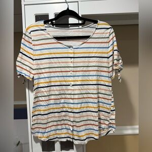 LOFT White and Rainbow striped Buttoned Short Sleeve T-Shirt